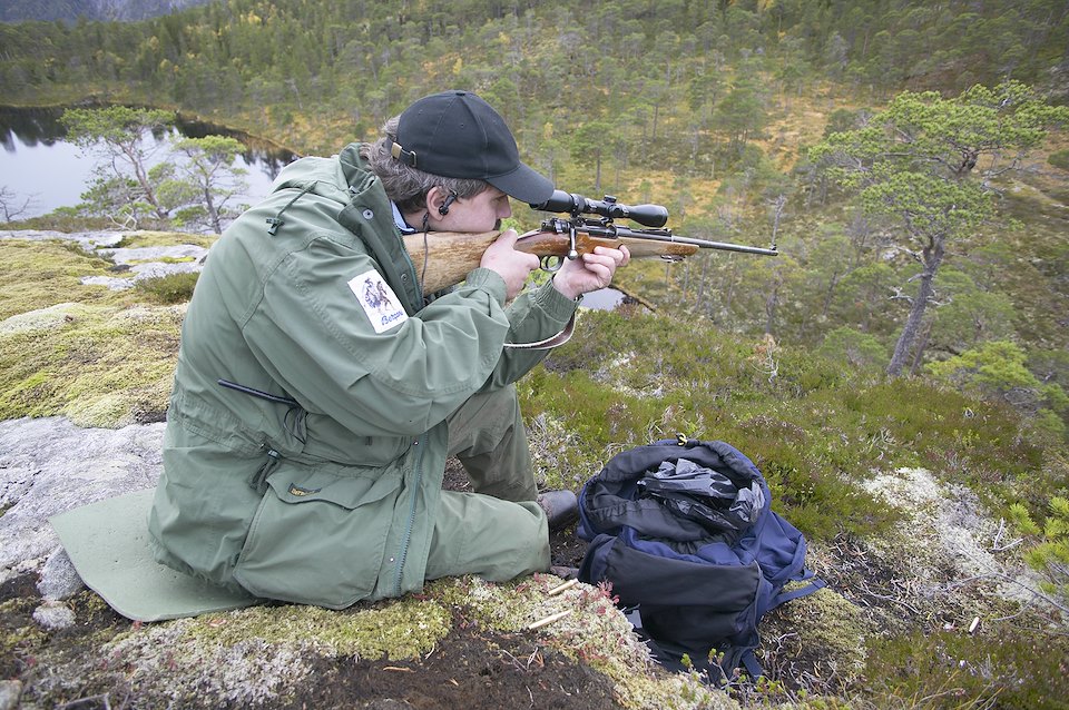 Berndt Dahle, Norwegian hunter sat atop cliff in forest awaiting elk (moose) to be driven by dogs, Nord-Trondelag, Norway Berndt Dahle, Norwegian hunter sat atop cliff in forest awaiting elk (moose) to be driven by dogs, Nord-Trondelag, Norway